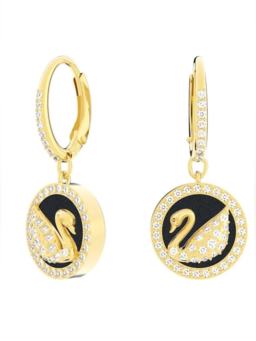 Swarovski Gold-Tone Crystal Black Swan Earrings NIB Black Leather Accent Modern